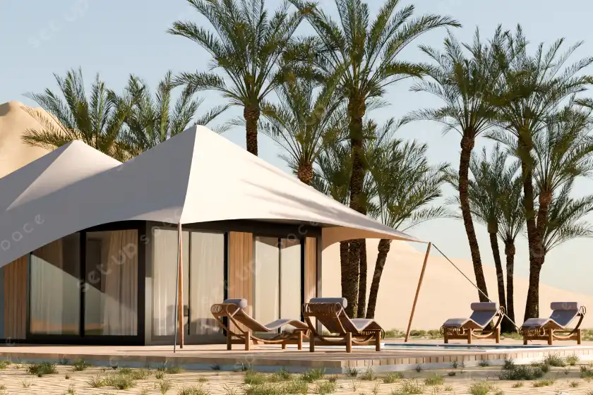 Exterior view of modular hospitality unit at Hatta Desert Resort